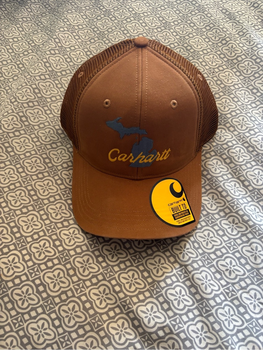 Carhartt Brown Trucker Hat with Blue Michigan Graphic and Yellow Logo